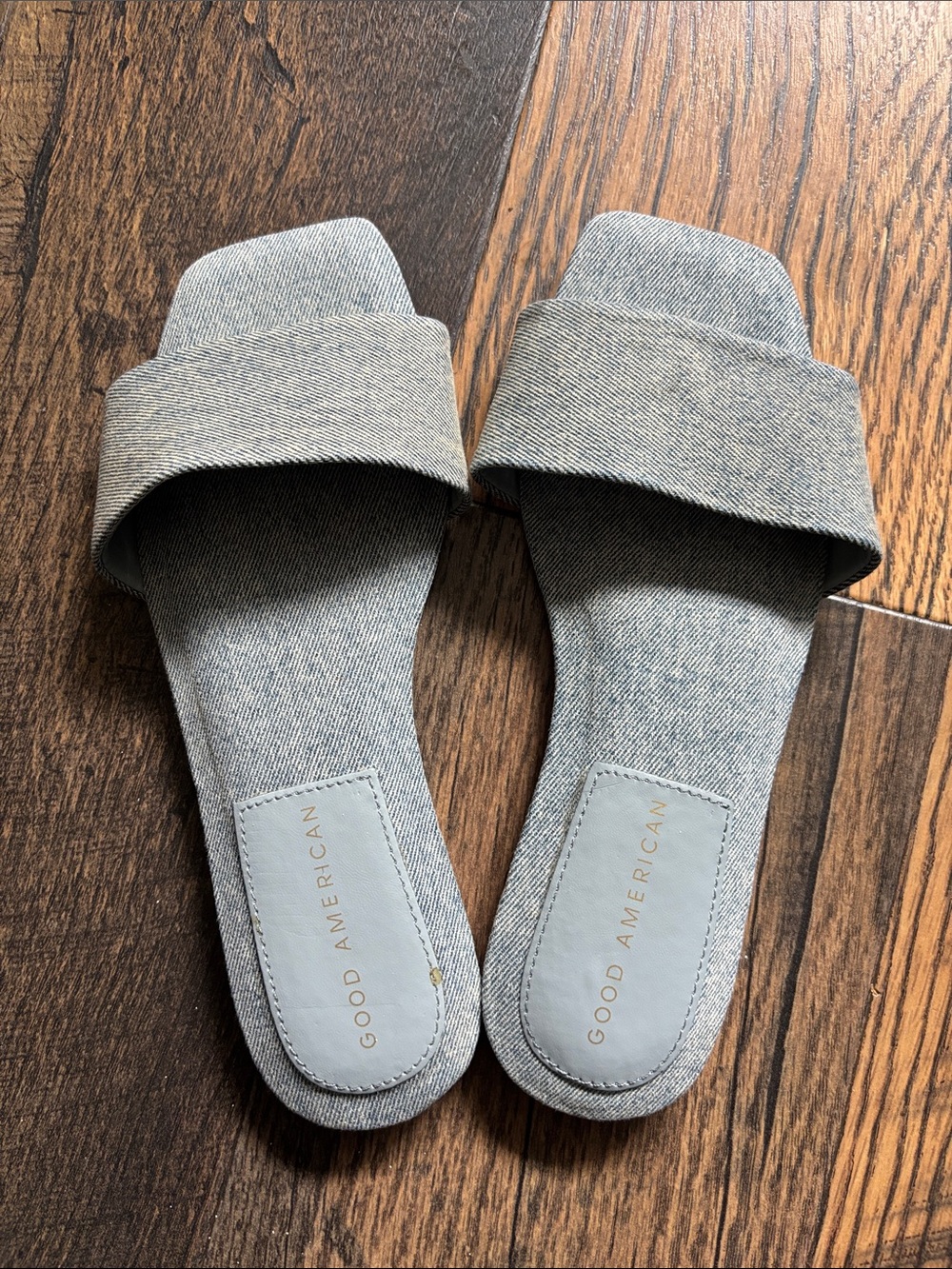 Good American Light Blue Denim Summer Slide Sandals Square Toe Size 6.5 Wide